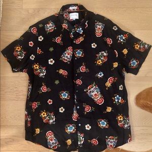 Denim and Flower Short Sleeve Button Down